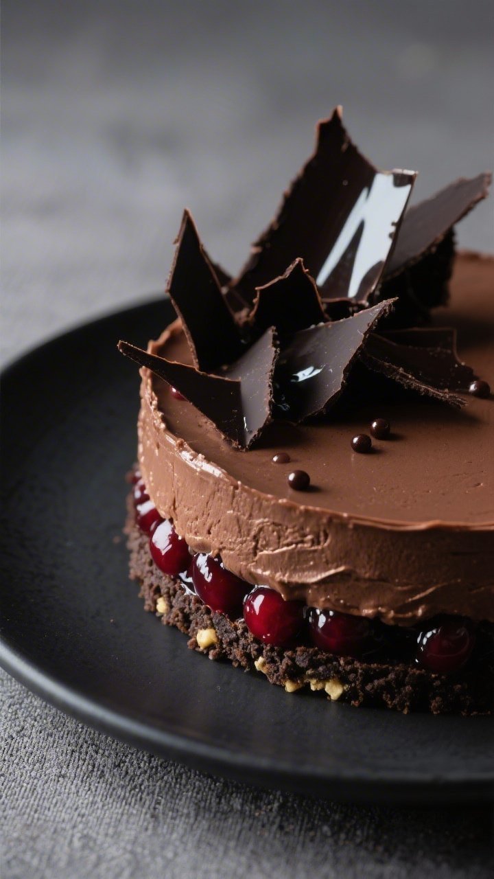 A 45-degree angle close-up of a Black Forest Mousse Torte With Shards And Shadowy Shine: chocolate wafer cookie crust bound with melted butter and a pinch of salt, layered with a glistening sour cherry layer (visible ruby pockets) and crowned with ultra-smooth chocolate mousse; dramatic dark chocolate shards thrust upwards, mirror-like shine on the mousse surface, tiny beads of cherry syrup at the edges; photographed on a matte charcoal plate with a cool-gray linen, tight composition for decadent texture contrast.