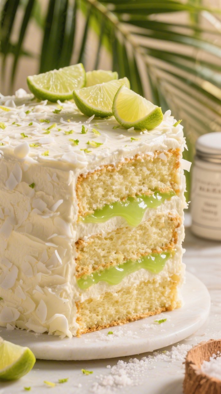 A 45-degree angle close-up of an Island-Glow layer cake: tall, neatly stacked vanilla-coconut layers filled with glossy zesty lime curd, exterior coated in whipped coconut frosting and generously pressed toasted coconut flakes. Garnish with lime zest confetti and thin lime wheels. Tropical styling: palm-leaf backdrop, sunlit highlights, warm cream and lime-green palette. Visible crumb texture, moist sheen on lime curd, fine sea salt and baking powder canisters subtly in background, professional soft focus and shallow depth of field.