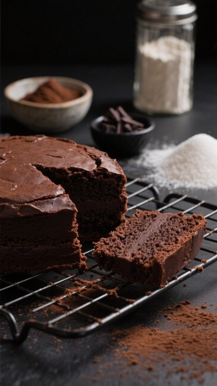A 45-degree angle close-up of freshly baked dark chocolate velvet cake layers cooling on a wire rack, one layer broken to reveal a plush, tender crumb. Visible ingredients styled behind: a small bowl of Dutch-process cocoa, a pinch bowl of inky black cocoa, a canister dusted with all-purpose flour, and a mound of granulated sugar. Warm, moody lighting emphasizing deep mahogany-brown tones; a fine sprinkle of cocoa on the matte black surface, no frosting yet—just the irresistible, snackable cake texture.