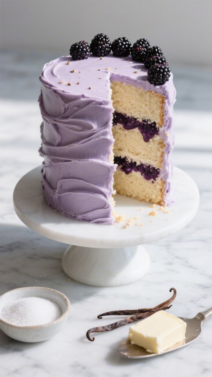 A 45-degree angle plated shot of a tall blackberry vanilla bean layer cake on a white pedestal, clean slice removed to reveal tender pale vanilla crumb flecked with vanilla bean and deep purple blackberry jam pockets; the exterior finished with elegantly swirled two-tone blackberry buttercream in rich berry and soft lilac hues, glossy fresh blackberries nestled along the top edge, tiny vanilla bean specks visible in the frosting, light crumbs on the cake server; styled on a cool marble surface with a small bowl of granulated sugar, a split vanilla bean, and softened butter pats subtly in frame; bright natural side light for silky buttercream texture, shallow depth of field for a luxurious, celebratory mood.