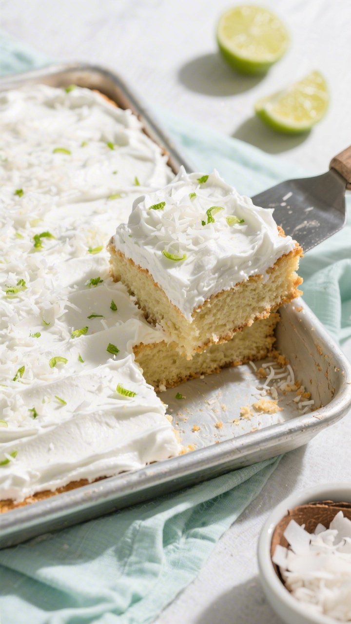 A 45-degree angle shot of a Coconut-Lime Sheet Cake baked in a rimmed metal pan, perfect for a crowd: pale, tender crumb topped with a billowy, glossy marshmallow frosting full of soft peaks; a shower of finely shredded coconut and fresh lime zest confetti over the top; a corner piece lifted with a spatula to show height and airy texture; nearby props include halved limes and a small bowl of coconut flakes; bright, casual styling with pastel linens, daylight for a fresh, spring mood.