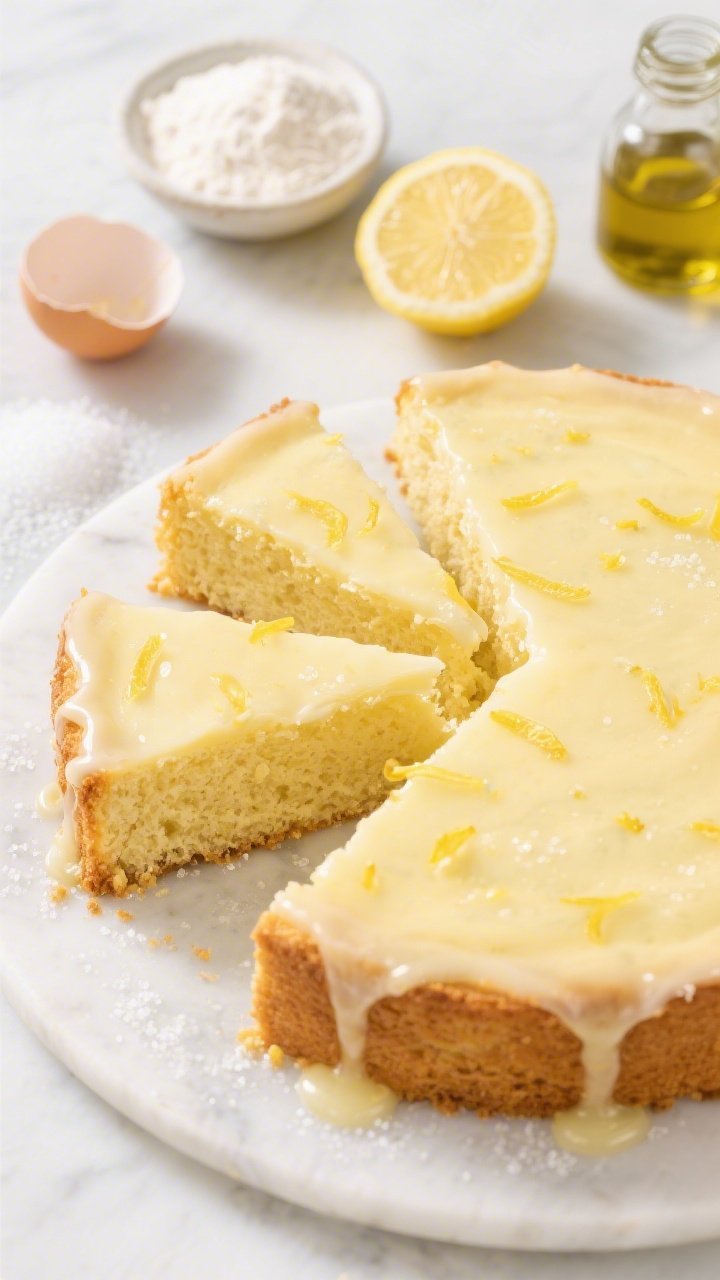 A bright overhead shot of a Lemon Ricotta Olive Oil Cake on a white marble surface: a single-layer golden crumb with a tender, moist texture from whole-milk ricotta and olive oil, generously drizzled with glossy lemon icing that pools at the edges; slices fanned out to show the delicate crumb, fine zest flecks on top, and a light dusting of granulated sugar sparkle; styling elements include a small bowl of all-purpose flour, a cracked egg shell, a heap of granulated sugar, a cut lemon with visible zest curls, and a petite jar of olive oil; minimal props, natural daylight, crisp highlights, no people.