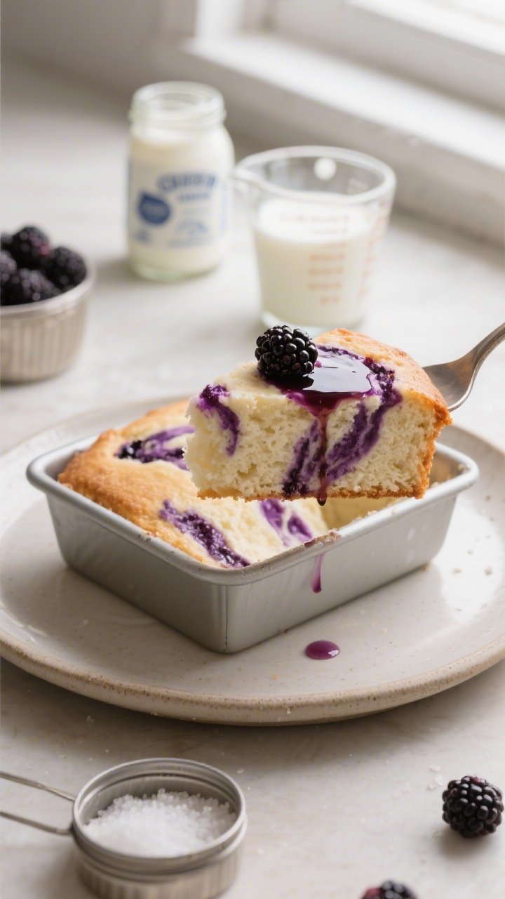 A cozy, close-up 3/4 angle of a blackberry-vanilla snack cake baked in a small square pan, showcasing a moist, tender crumb from Greek yogurt and milk, with a vivid purple blackberry ripple marbled through the pale vanilla interior; a warm slice lifted on a small offset spatula, syrupy blackberry juices glistening; prop elements include a small jar of plain whole-milk Greek yogurt with a spoon trail, a measuring cup with milk droplets, and open tins for baking powder and fine sea salt; neutral ceramic plate, soft window light highlighting the ripple’s texture and crumb.