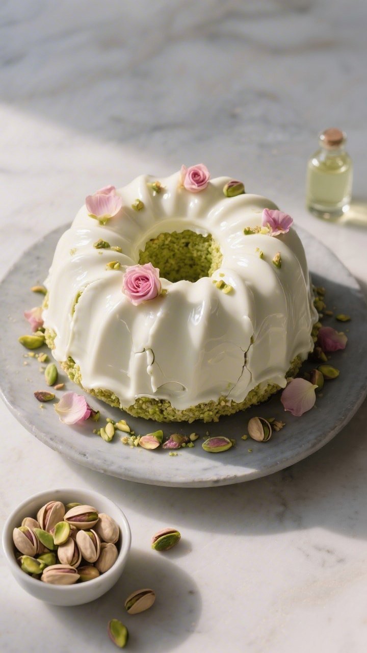A dramatic 45-degree hero shot of a Pistachio Rosewater Bundt coated in a glossy white chocolate shell: intricate Bundt ridges gleaming, shell slightly cracked to show pale green pistachio crumb within; delicate rose petals and crushed pistachios scattered over the top and base for texture; set on a matte cake stand with a small bowl of shelled pistachios and a tiny vial of rosewater in the background; soft, diffused light and gentle shadows for a regal, showstopper centerpiece look.
