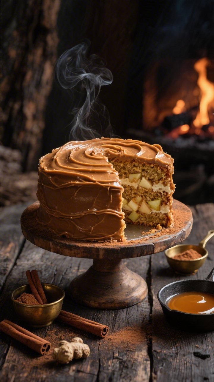A moody, fireside-style close-up of a classic spiced pear layer cake on a rustic cake stand, swirled with glossy brown butter frosting and a light dusting of cinnamon; visible tender crumb with diced pear flecks in the slice; warm tones with charred wood background, cinnamon sticks, ground cinnamon and ginger in small brass pinch bowls, a pat of browned butter in a tiny skillet; 45-degree angle, shallow depth of field, steam-soft warmth, professional soft side lighting