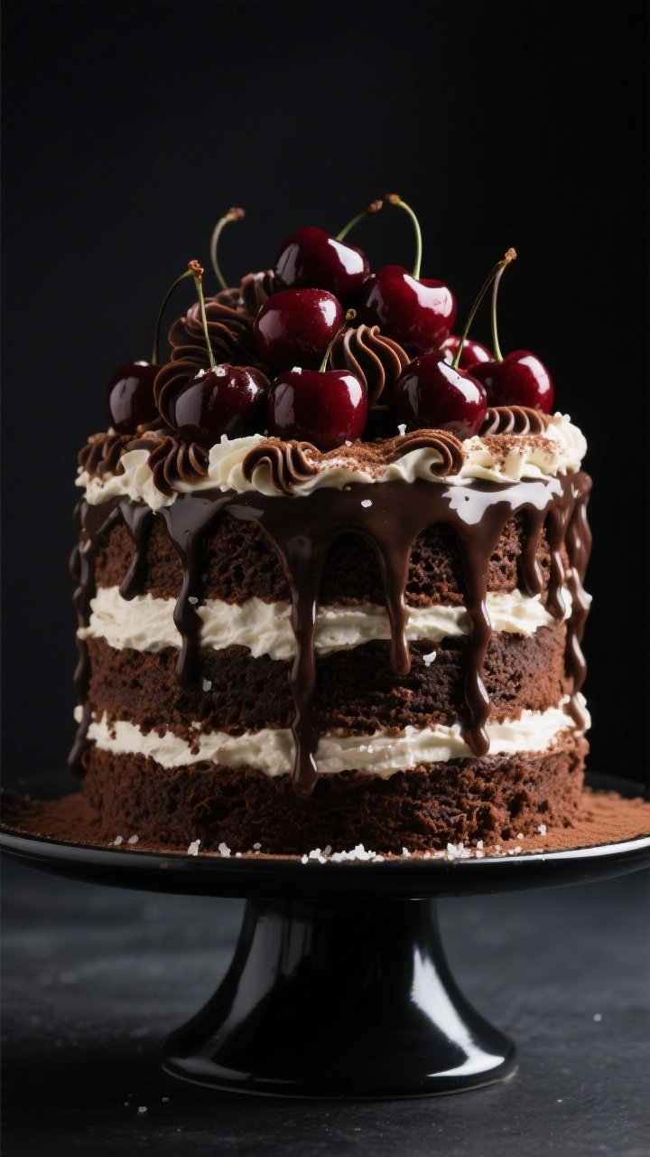 A moody, glamorous straight-on plated shot of a Classic Black Forest Elegance Cake: tall, layered chocolate sponge made with Dutch-process cocoa, glossy whole cherries piled on top and dripping cherry syrup down the sides, dramatic chocolate curls cascading over silky whipped cream, fine cocoa dusting, and a faint sprinkle of fine sea salt crystals catching the light; deep charcoal backdrop, matte black cake stand, reflective highlights for a luxurious sheen, shallow depth of field to emphasize the glossy cherries and curled chocolate texture, professional studio lighting with a soft rim light.