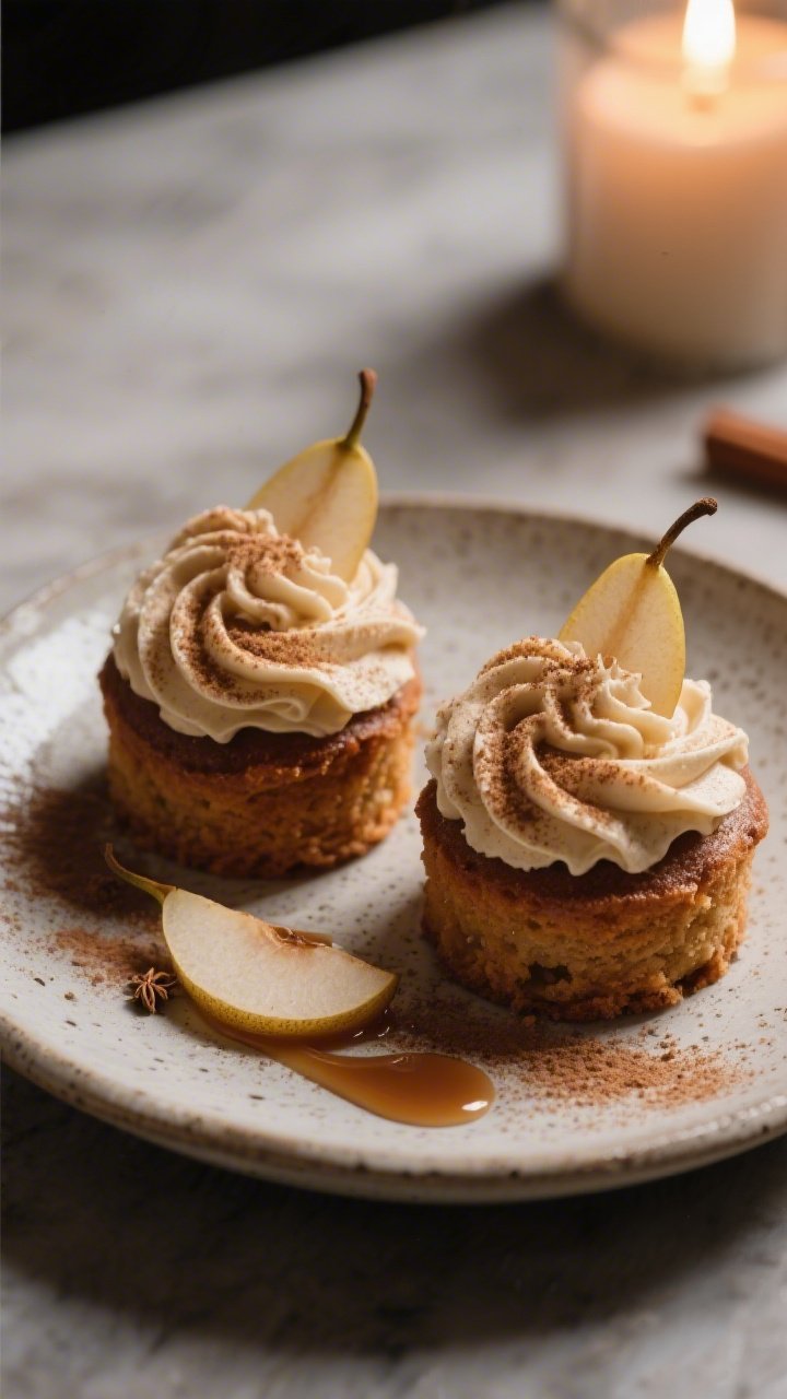 A romantic, date-night plated presentation: two mini pear cakes on a stoneware plate, crowned with generous swirls of whipped brown butter frosting; delicate dusting of cinnamon, hint of ground ginger and cardamom in the styling; garnished with thin pear slices and a drizzle of brown butter; soft, intimate lighting with deep shadows, 45-degree angle, bokeh from a candle in the background, refined yet cozy aesthetic