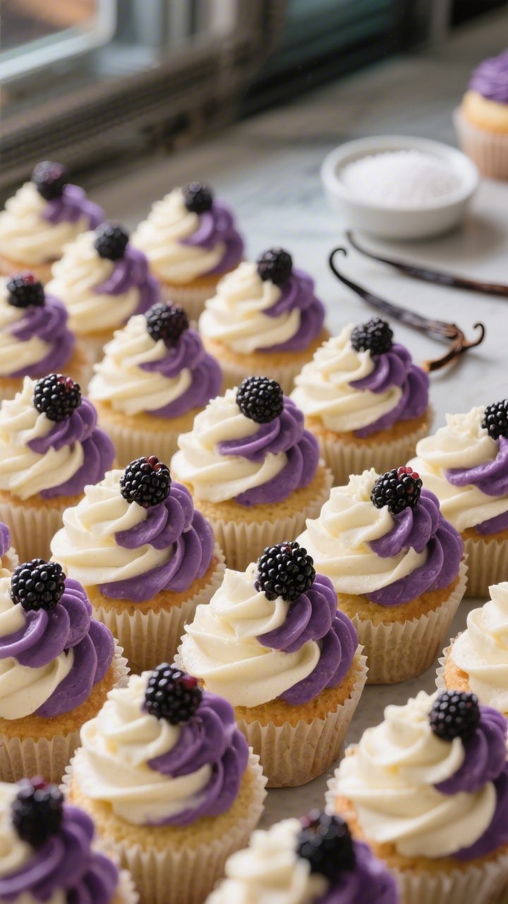 A straight-on bakery display scene of blackberry-vanilla bean cupcakes arranged in tight rows, each crowned with tall, swirled two-tone buttercream—half creamy vanilla bean, half saturated blackberry purple—piped in elegant rosettes; cupcake tops lightly domed with a pale vanilla crumb, a few cupcakes garnished with a single fresh blackberry; ingredients subtly referenced by a split vanilla bean pod and a small dish of granulated sugar in the background; shallow depth of field isolates the front row, soft side lighting emphasizes the silky frosting ridges and moist crumb.