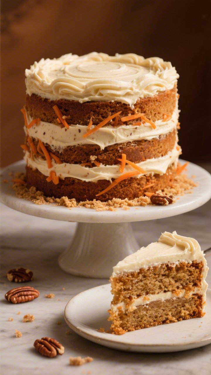 A straight-on, bakery-style portrait of a tall, layered Carrot Cake with Brown Butter Cream Cheese Frosting: three lofty layers with visible carrot shreds and spice speckles, swathed in silky off-white brown-butter-kissed frosting with swooped textures; crumbs pressed along the base, a few toasted pecan bits scattered on the cake stand, and a rich, warm backdrop; a slice removed and plated in front to reveal moist strata and thick filling; soft, directional light accentuating gloss and crumb without people or utensils in hand.
