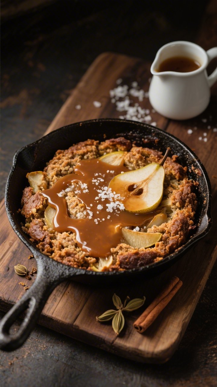 A straight-on shot of a rustic skillet pear cake just out of the oven, draped with a salted brown butter glaze cascading over the craggy surface; visible crumb studded with pear and spiced with cinnamon, ground ginger, and cardamom; set in a cast-iron skillet on a wooden board with a small pitcher of extra glaze, flaky sea salt pinch, and whole cardamom pods; rich, contrasty lighting to highlight glaze sheen and texture