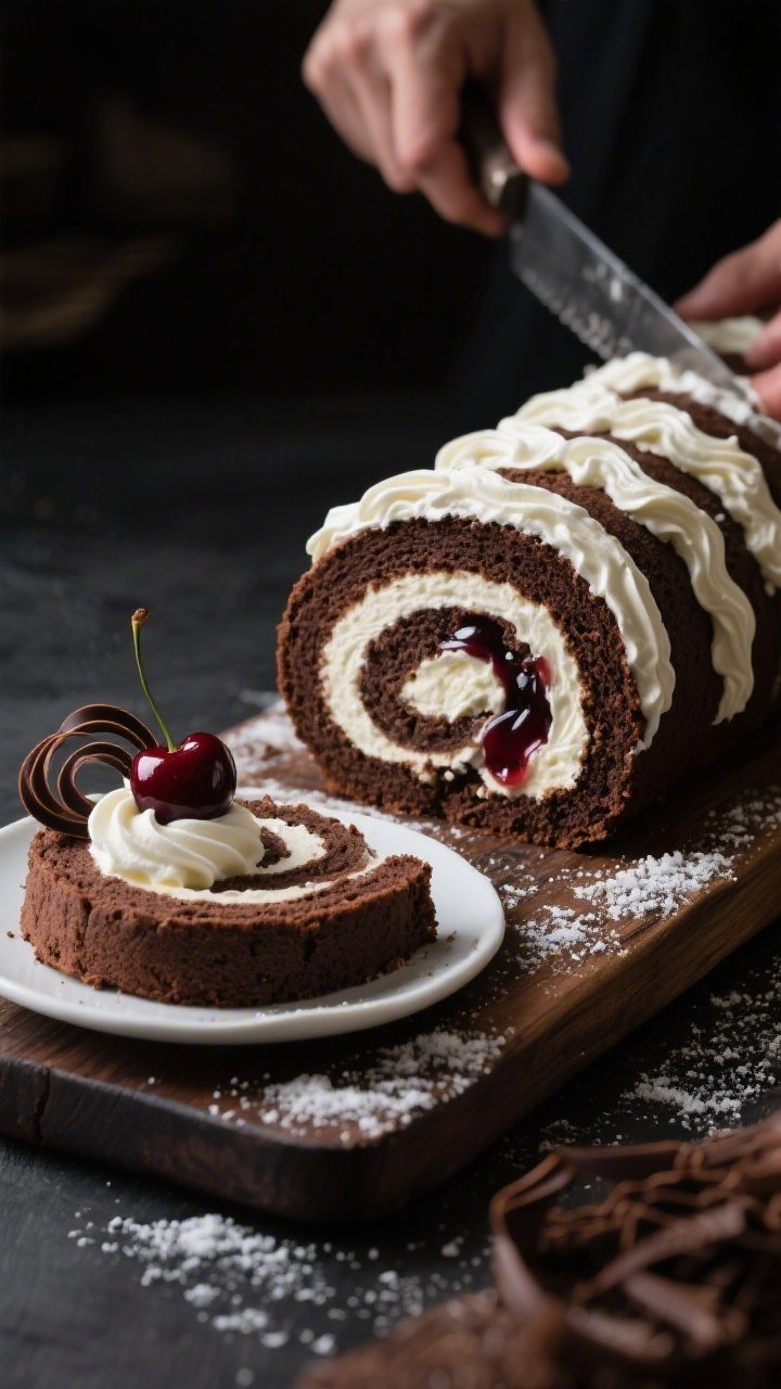 An action-leaning ingredient-prep and final presentation hybrid for Black Forest Roulade With Satin Whipped Cream And Luxe Curls: 45-degree angle showing a just-rolled chocolate sponge (made with all-purpose flour, Dutch-process cocoa, baking powder, fine sea salt, eggs, and sugar) spiraled with satin-smooth whipped cream and a ribbon of cherry filling peeking from the seam; finished slice plated in the foreground with glossy cherry garnish and delicate chocolate curls, light cocoa snowfall, set on a dark wood board with a soft, moody backdrop and side lighting to emphasize the roulade’s spiral and velvety textures.