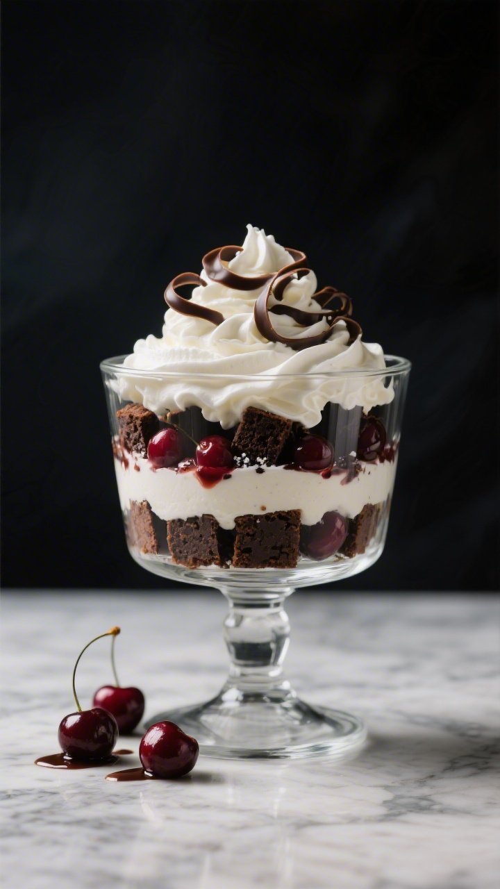 An elegant glass trifle bowl shot at eye level: Midnight Black Forest Trifle With Kirsch Whip And Curls, showing distinct strata—1-inch cubes of rich chocolate cake from Recipe 1, juicy pitted sour cherries folded with sugar and reserved juices, lavish kirsch-infused whipped cream, and a final flourish of chocolate curls on top; deep, cinematic lighting to highlight the layered transparency, a few loose cherries and a drizzle of cherry syrup on the marble surface for appetizing detail.