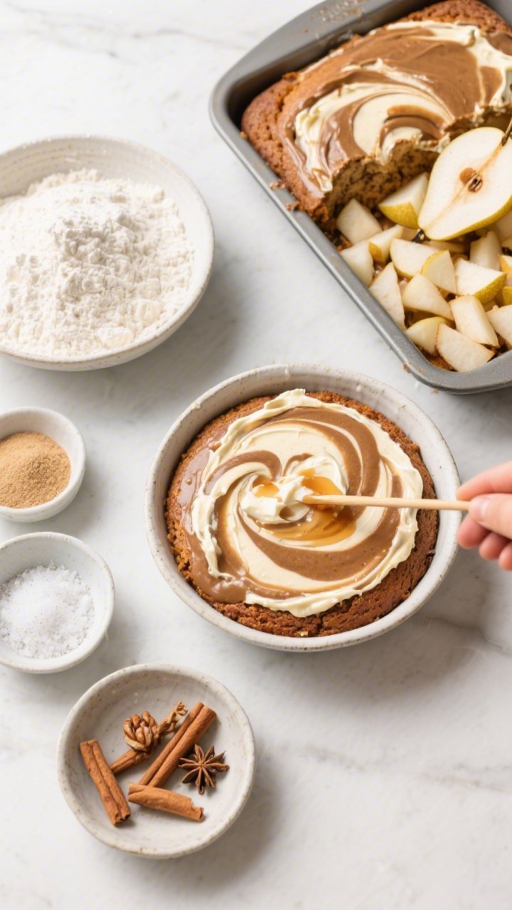 An ingredients-and-process overhead of a brown butter pear snack cake with visible maple mascarpone swirls being marbled with a skewer in the batter; bowls containing all-purpose flour, baking powder, baking soda, fine sea salt, cinnamon, ground ginger, and nutmeg; a pan of nutty brown butter, mascarpone mixed with maple syrup, and diced pears ready to fold in; clean, bright studio light, neat mise en place, focus on swirls and warm autumnal palette