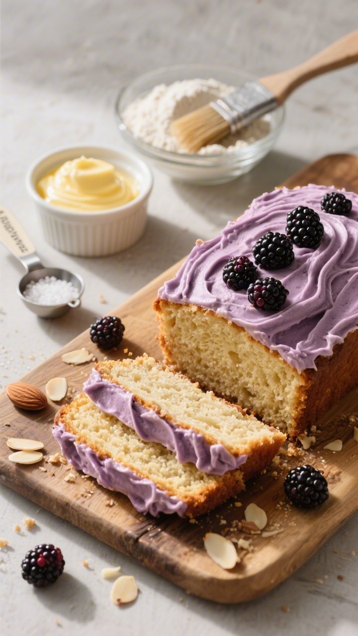 An ingredients-plus-finish vignette at 45 degrees featuring a sliced almond-vanilla snack loaf on a rustic board, tender golden crumb with fine almond flour texture, topped with a thick blackberry swirl buttercream in mauve and deep berry streaks; a small pile of almond flour and all-purpose flour in ramekins, softened melted butter in a glass bowl with a brush of sheen, and a measuring spoon labeled baking powder beside a pinch of fine sea salt; a few fresh blackberries and almond slivers scattered; natural morning light with gentle shadows to convey homestyle comfort and polished, professional detail.
