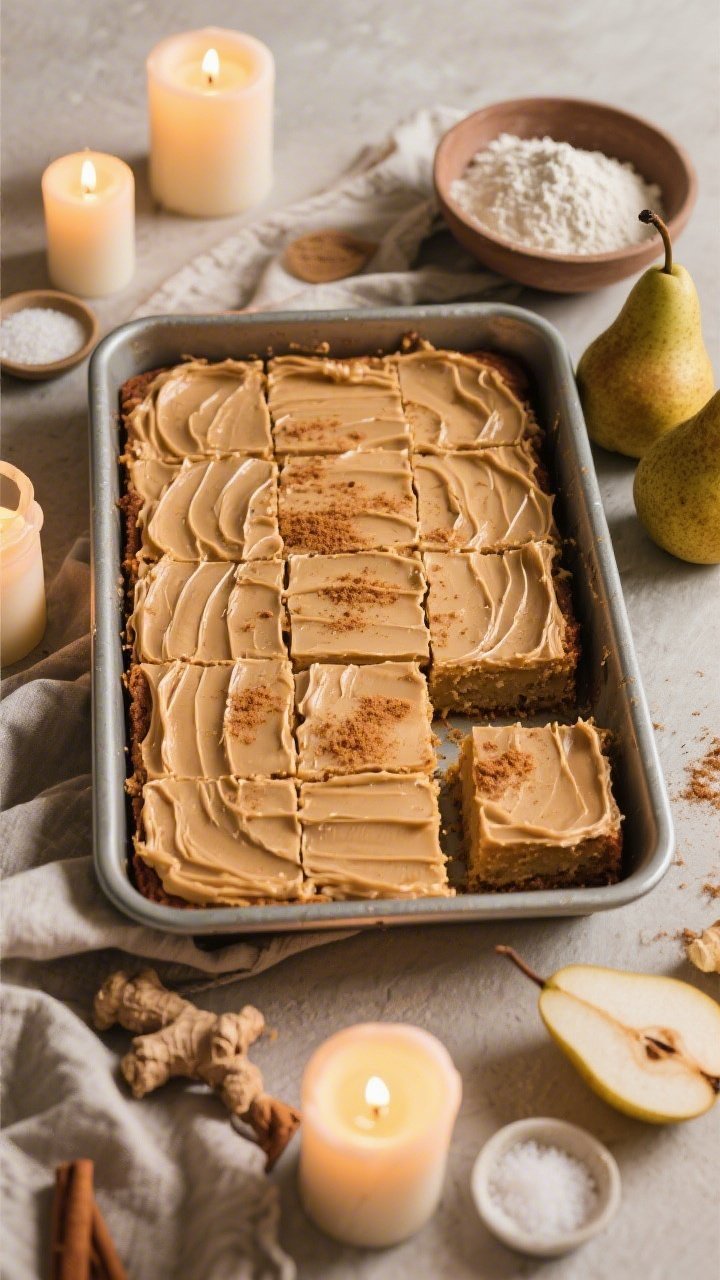 An overhead flat lay of a candlelit pear sheet cake baked in a rimmed metal pan, cut into neat squares for a crowd, each piece topped with a thin veil of brown butter frosting and a sprinkle of ground cinnamon and ginger; props include flickering candles, a linen for cozy ambience, bowls of all-purpose flour, baking powder, baking soda, and fine sea salt, plus ripe pears on the side; balanced composition, matte surfaces, golden-hour glow, ready-to-serve party vibe