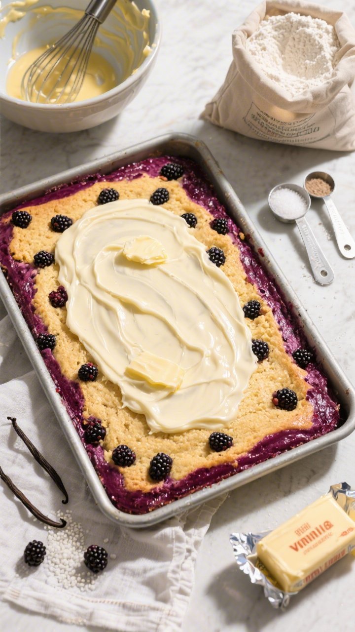 An overhead flat lay of a party-size one-bowl vanilla bean blackberry sheet cake cooling in its metal pan, golden and evenly risen with scattered blackberry bursts staining the crumb in inky magenta; a glossy pour of simple vanilla-bean icing ribboned across the top, pooling into the crevices; minimal-fuss vibe shown with a whisk, a single mixing bowl with streaks of melted butter, a sack of all-purpose flour dust, and measuring spoons for baking powder, baking soda, and fine sea salt; granulated sugar grains visible on a linen, a butter wrapper crumpled at the corner; bright, even daylight for a casual gathering feel.