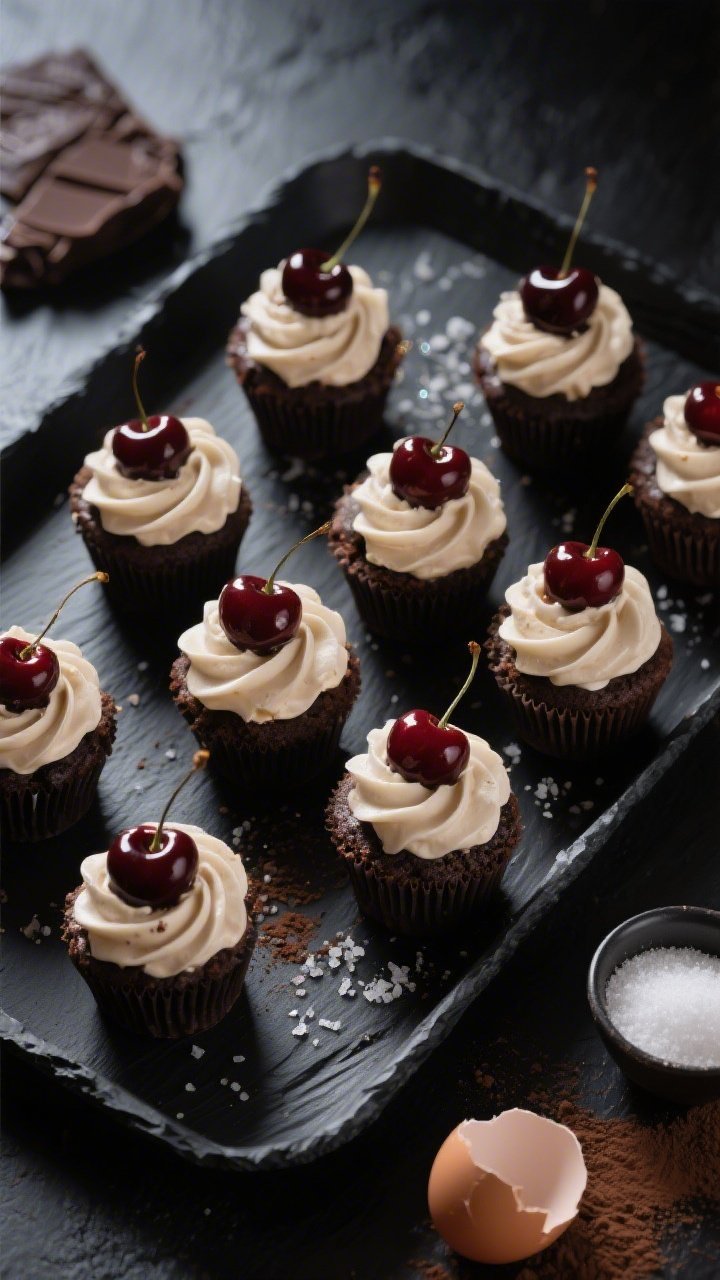 An overhead flat-lay of Mini Black Forest Glam Cupcakes With Velvet Swirl: a dark slate tray lined with mini cupcakes baked from all-purpose flour and Dutch-process cocoa, each topped with a glossy cherry and a lush whipped-cream velvet swirl, subtle scatter of fine sea salt and cocoa powder, a small bowl of granulated sugar and a cracked egg nearby to hint at ingredients; rich, moody tones with directional light creating soft shadows and sparkle on the cherry glaze.