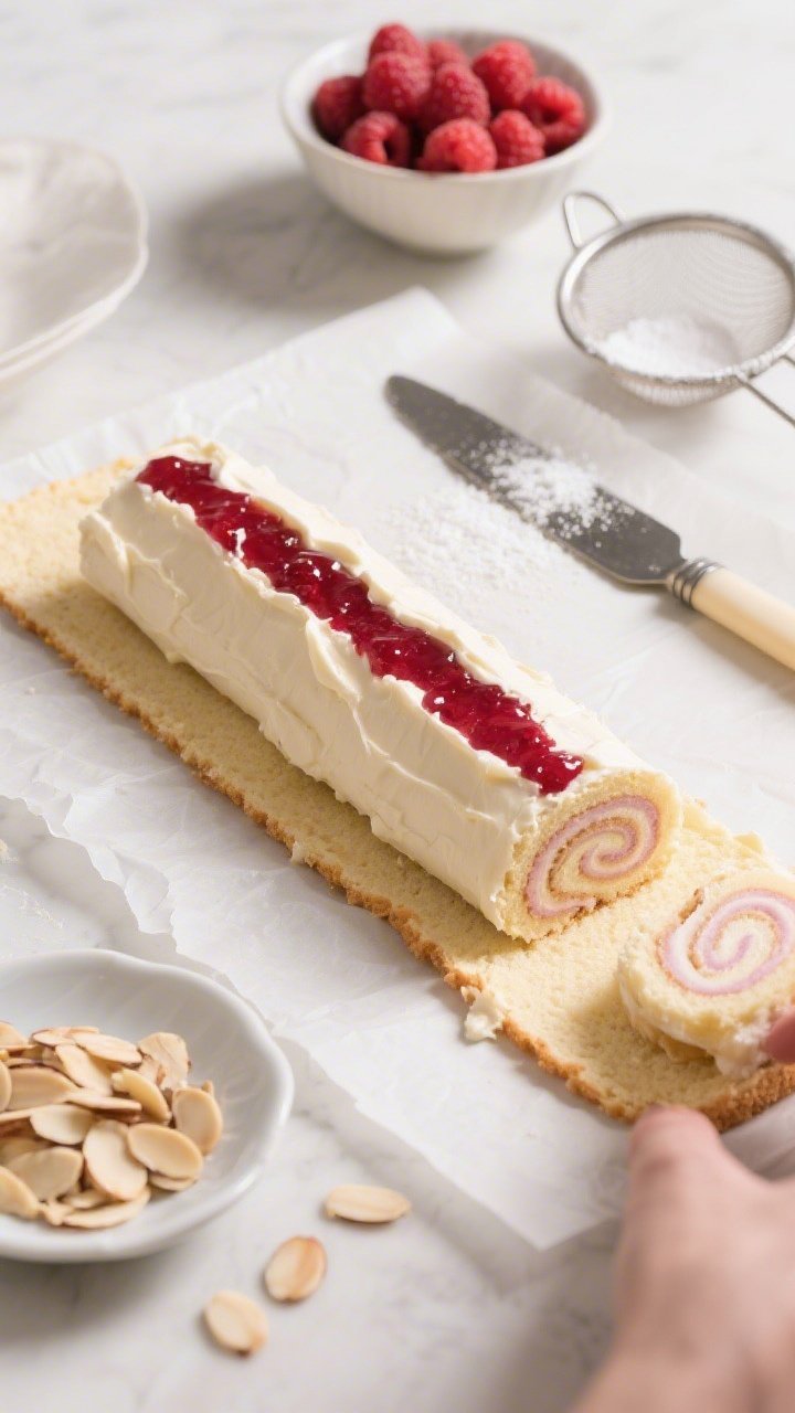An overhead process shot of a Raspberry Almond Swiss Roll being assembled: almond sponge sheet spread evenly with a thin layer of raspberry jam and a pale almond cream, then carefully rolled to reveal tight pastel spirals at the seam; bowls of fresh raspberries, slivered almonds, and a fine-mesh sieve with a dusting of powdered sugar nearby; clean parchment-lined surface, neat offset spatula, and a light, airy palette that evokes an elegant dessert-table vibe.