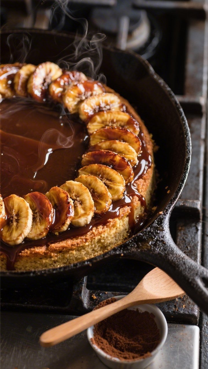 Close-up 45-degree angle of a Cast-Iron Caramelized Banana Skillet Cake in the pan: dark, glossy layer of caramel from unsalted butter and dark brown sugar laced with 2 tablespoons burnt sugar syrup, topped with neatly shingled 1/2-inch banana coins caramelized to mahogany at the edges; the tender cake beneath (all-purpose flour, leavened, banana-rich) peeks at the rim; wisps of steam and sticky syrup threads visible; set on a stovetop with a wooden spoon and a small ramekin of extra dark brown sugar; dramatic side light for shine and texture.