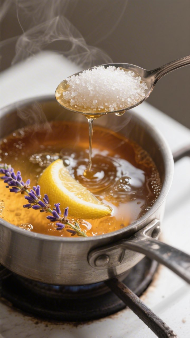 Close-up, 45-degree angle of a small saucepan simmering lemon-lavender honey syrup: glistening amber honey threads dissolving into clear water with tiny bubbles; a floating 2-inch lemon peel strip and a pinch of dried culinary lavender buds releasing oils; a spoon lifted above the pot showing the syrup clinging and dripping slowly; granulated sugar grains melting at the edge; clean stove surface, muted background, bright citrus and floral notes suggested through steam.