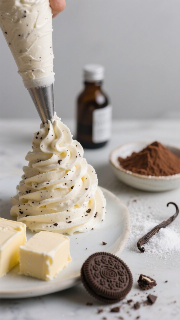 Close-up, 45-degree angle of silky cookies-and-cream buttercream being piped in smooth swirls, showing ultra-creamy texture with fine speckles of crushed chocolate sandwich cookies; include softened unsalted butter and full-fat cream cheese blocks on a nearby plate, a bowl of sifted confectioners’ sugar with a fine dusting on the counter, a small dish of Dutch-process cocoa powder, and a vanilla bottle in the background; focus on luscious sheen and pipeable consistency, shallow depth of field, neutral backdrop.