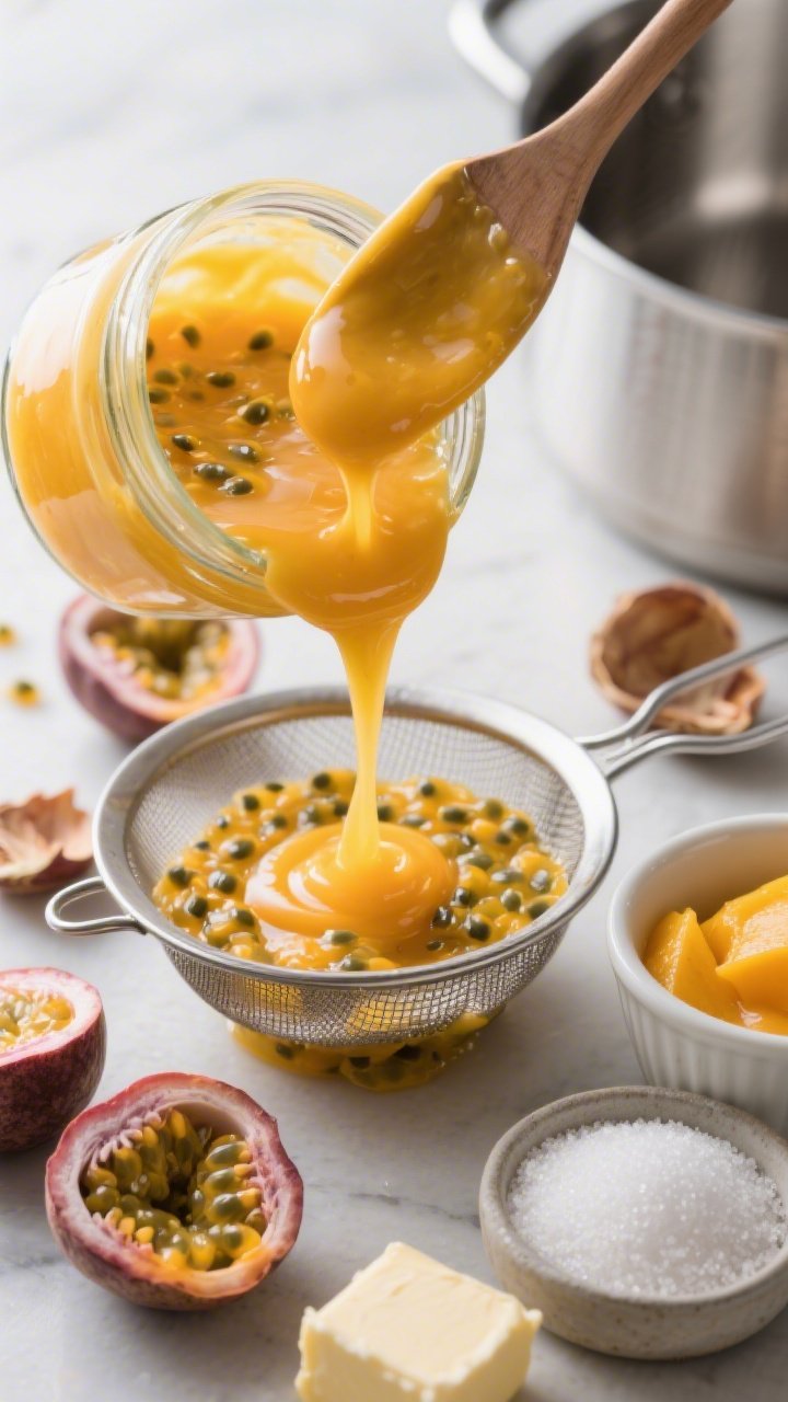 Close-up, 45-degree angle of silky passionfruit–mango curd being strained into a glass jar, ribbons of glossy curd falling from a spatula. Show a bowl of vibrant passionfruit pulp with seeds set aside in a fine-mesh strainer, a cup of smooth mango purée, a measured mound of granulated sugar, and pats of butter ready to melt in. Capture the curd’s luminous yellow-orange color, ultra-smooth texture, and gentle sheen, with citrusy tropical aroma implied by scattered empty passionfruit shells and a clean stainless saucepan in the background, shallow depth of field, high-end food photography lighting.