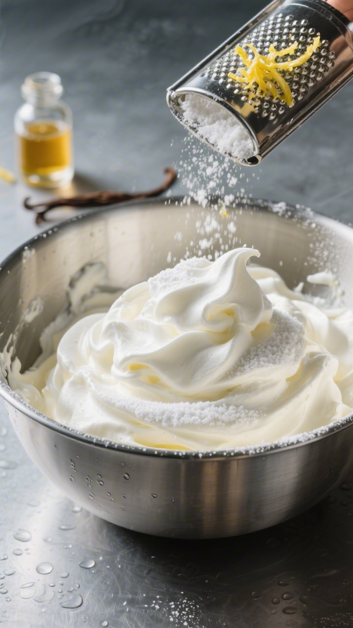 Close-up, 45-degree angle of the “Lush Mascarpone Cloud Filling” being whipped to soft, billowy peaks in a chilled stainless bowl: visible mascarpone cheese, heavy whipping cream, a dusting of sifted powdered sugar falling in, vanilla extract in a small glass vial, and a grater with fresh, finely grated lemon zest. Capture glossy, cloudlike texture that won’t weep; cold condensation on the bowl; cool, airy mood; high-end, appetizing finish.
