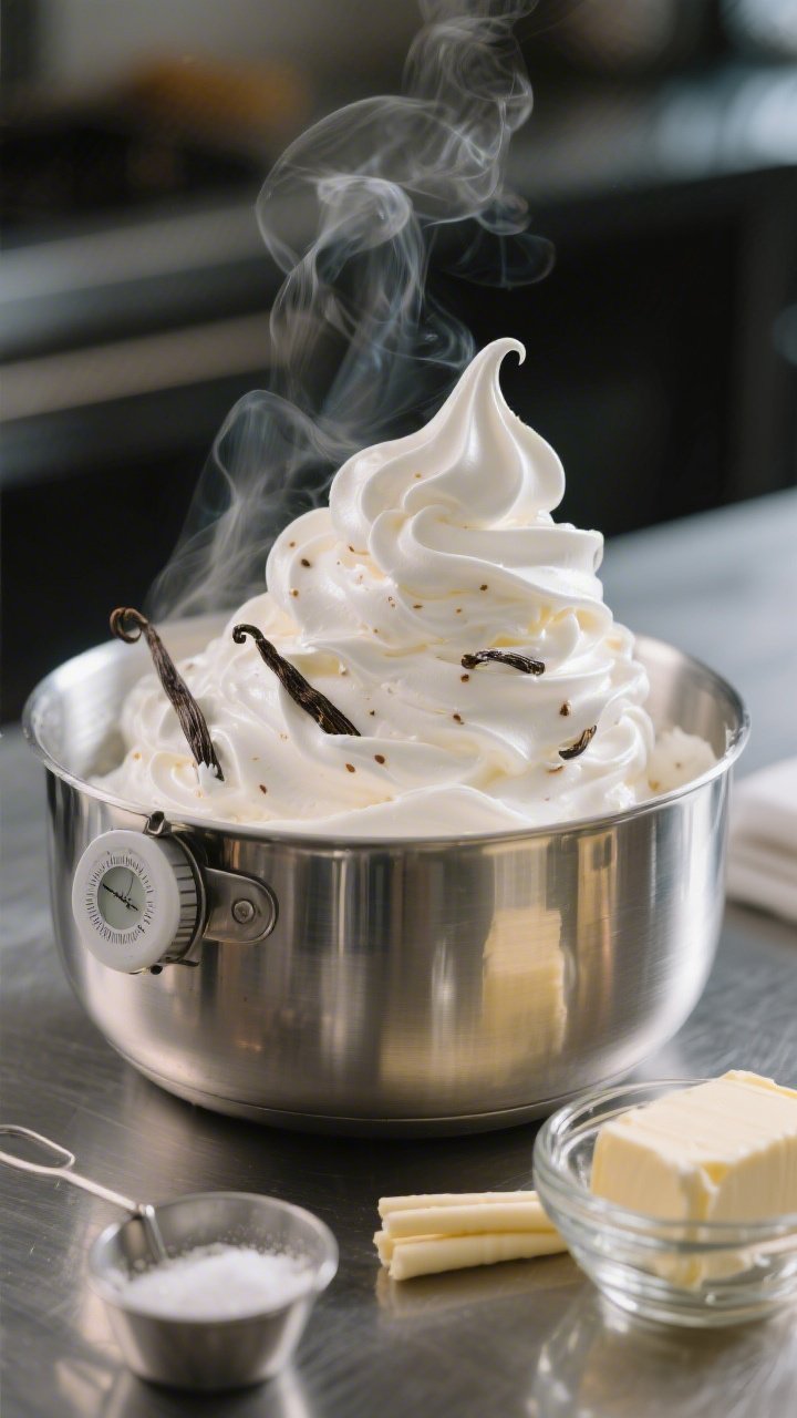 Close-up, 45-degree shot of Silky Vanilla Bean Swiss Meringue Buttercream in motion: glossy, marshmallowy meringue with visible vanilla bean flecks whipping to stiff peaks over a double boiler setup, steam faintly rising; a thermometer clipped to the bowl, cream of tartar pinch bowl nearby, sticks of cool room-temperature unsalted butter staged to the side; tight focus on the satiny sheen and airy structure, shallow depth of field, stainless and glass reflections for a professional pastry kitchen vibe.