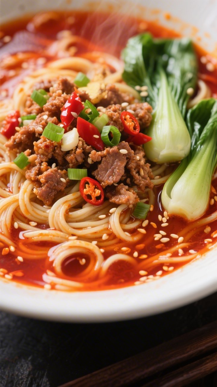 Close-up action shot of Spicy Tantanmen Ramen with sesame-chili pork: rich, red-orange broth with chili oil swirls and creamy sesame undertones, topped with crumbled ground pork sautéed in neutral oil with minced garlic, grated ginger, and doubanjiang (chili bean paste), seasoned with soy sauce. Noodles coated in spicy broth, a touch of bok choy or blanched greens for contrast, finely chopped scallions and a sprinkle of crushed sesame seeds. Tight framing to capture texture, glistening chili, and steam.