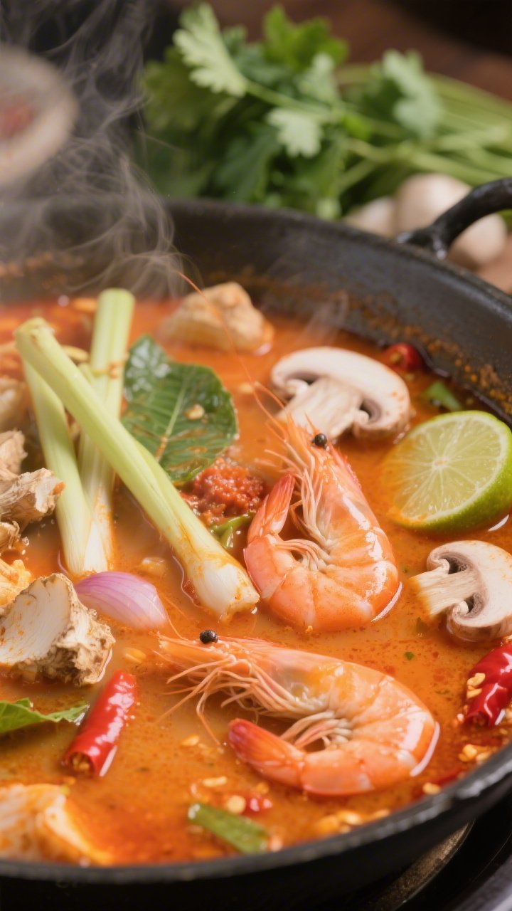 Close-up action shot of Thai Tom Yum Hot Pot With Shrimp: roiling orange-red broth with lemongrass batons, torn kaffir lime leaves, galangal slices, halved shallots, and sliced oyster/button mushrooms; plump pink shrimp just added, chili paste clouding the broth; lime wedges and cilantro in the background blur; intense, tangy-spicy vibe with rising steam, selective focus on shrimp and aromatics.