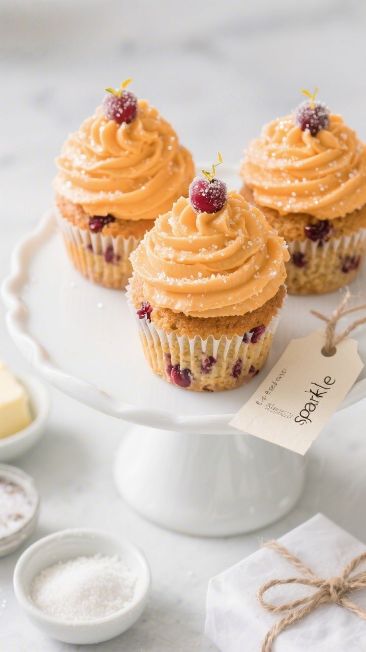 Close-up detail of Sparkle-Topped Cranberry Orange Cupcakes For Easy Gifting: a trio of cupcakes at 45 degrees on a white cake stand—moist orange-tinged crumb studded with cranberries, crowned with fluffy orange buttercream swirls, sprinkled with sanding sugar “sparkle” and garnished with a single sugared cranberry and micro-zest; ingredients hinted in the scene—small bowls of flour, baking powder, baking soda, fine sea salt, room-temp butter, and granulated sugar; gift-ready styling with parchment squares and twine tags; bright, clean light emphasizing frosting texture and sugar sparkle.