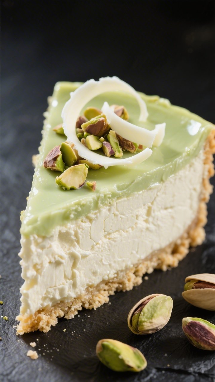 Close-up glamour shot of Pistachio White Chocolate Cheesecake with Pistachio Praline: ultra-smooth pale green-tinged cheesecake made with cream cheese and melted white chocolate on a vanilla wafer crumb crust (butter, sugar, pinch of salt), topped with glossy shards of pistachio praline and a sprinkle of chopped roasted pistachios; fine white chocolate curls and a few whole pistachios around the slice; tight focus on the crackly praline and creamy filling contrast, soft side light, dark slate backdrop for color pop.