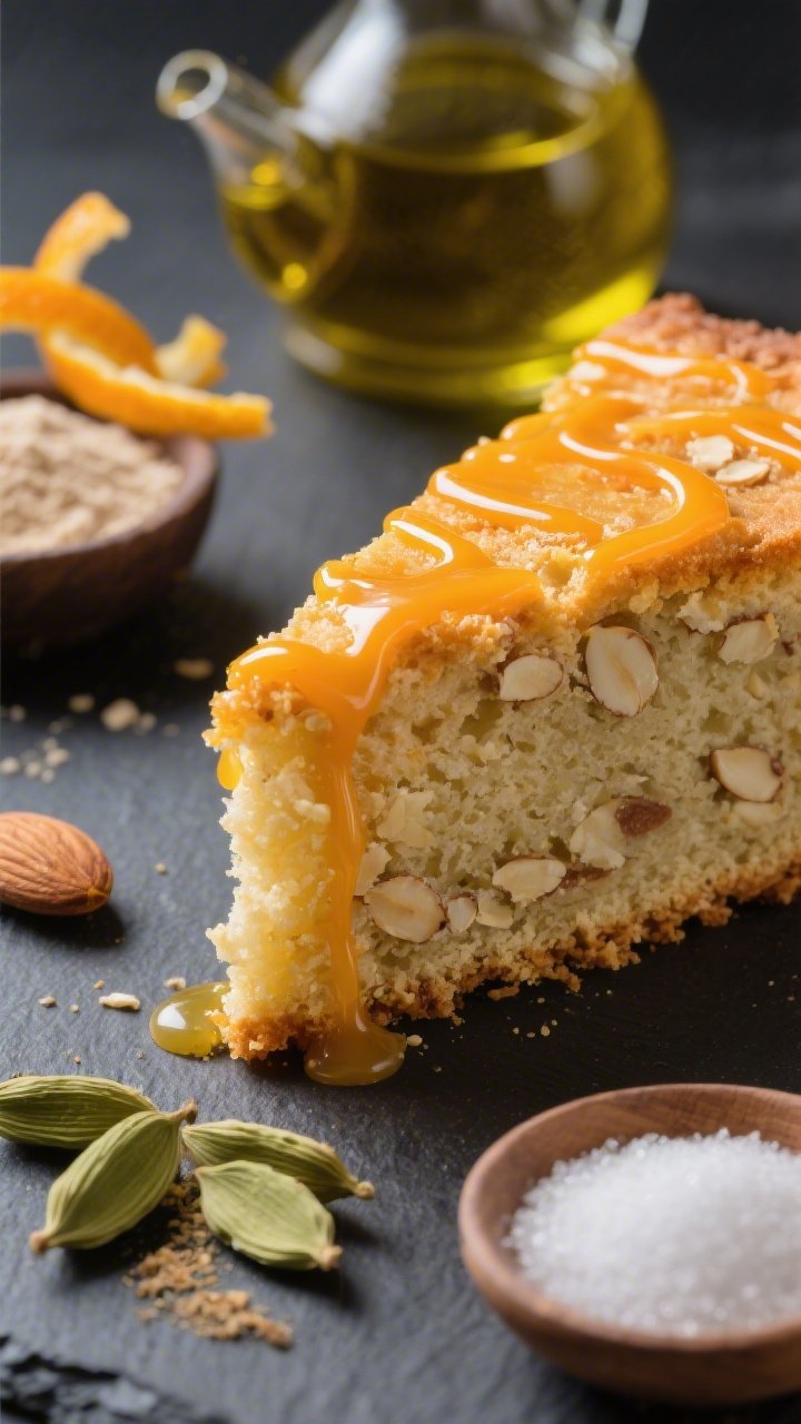 Close-up macro of an Almond-Cardamom Olive Oil Cake slice with citrus drizzle: tight focus on the moist, tender crumb showing almond flour specks, with a glossy orange-citrus drizzle beading along the top and edges. Place visible cues from ingredients: a small dish of super-fine almond flour, green cardamom pods and a pinch of ground cardamom, a stream of extra-virgin olive oil in a glass spout, and granulated sugar in a tiny bowl. Background hints of orange zest curls. Soft side lighting for texture, dark slate surface for contrast.