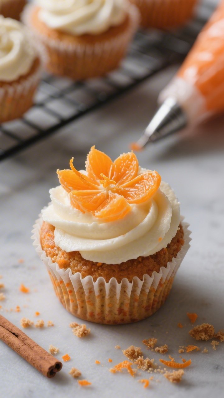 Close-up macro of carrot cupcakes with tangerine petal piping: individual cupcakes in tulip liners, domed tops with fine orange specks from carrot, warm cinnamon and a hint of cardamom; silky orange-tinted cream cheese frosting piped as overlapping flower petals, finished with tiny curls of tangerine zest at the center; crumbs and zest scattered artfully; background blur shows a wire rack with unfrosted cupcakes and a piping bag tipped with a petal nozzle; photographed straight-on at cupcake height for creamy texture and crumb detail