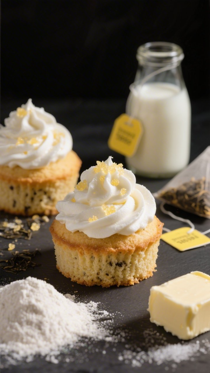 Close-up macro of mini Earl Grey tea cakes, individually baked and domed, topped with airy vanilla Chantilly piped in soft peaks and dusted with lemon sugar crystals that catch the light. Show tender crumb with visible tea flecks; color palette of pale gold cakes, snowy cream, and sunny lemon sparkle. Style with props: whole milk in a tiny bottle, two Earl Grey tea bags, a small mound of cake flour, a pat of softened unsalted butter, and a sprinkle of granulated sugar. Shallow depth of field, moody background, irresistible bite-sized allure.