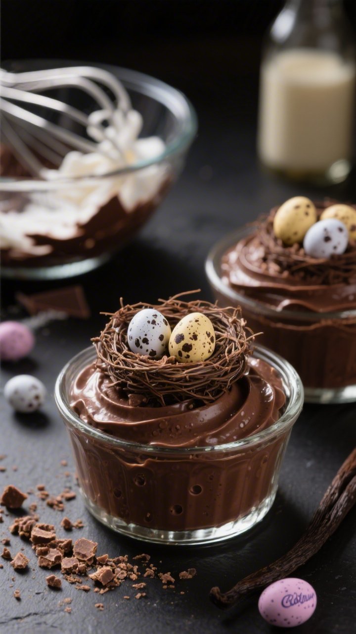 Close-up of Cadbury Mini Egg Mousse Cups: ultra-smooth, airy chocolate mousse in small glass ramekins, dark and satiny from melted semi-sweet chocolate and butter, with delicate micro-bubbles visible at the surface. Garnish with a nest-like scatter of crackly crushed Cadbury Mini Eggs and a few whole speckled eggs on top for crunch. Include in the background a heatproof bowl with chocolate remnants, a whisk with soft peaks from beaten egg whites and sugar, and a vanilla bottle. Warm, low-key lighting emphasizing the mousse’s sheen and the candy’s pastel speckles.