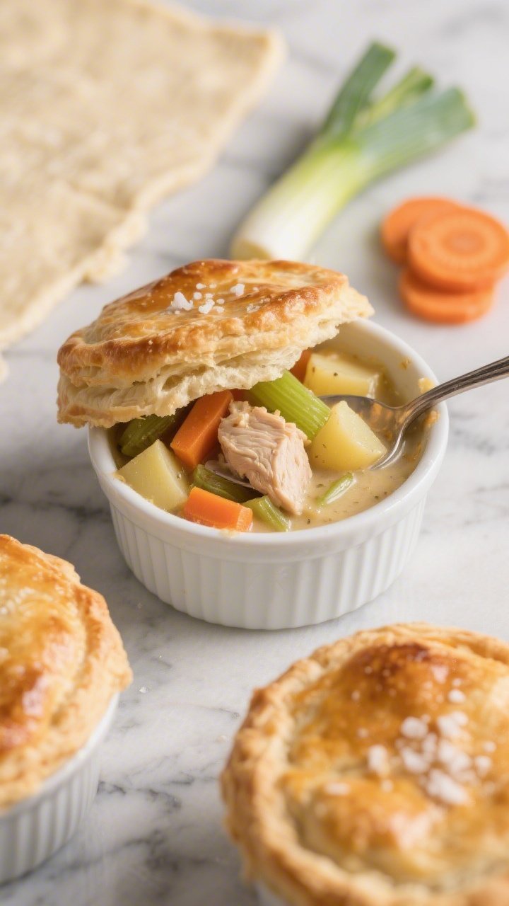 Close-up of individual ramekins filled with creamy from-scratch chicken thigh pot pie, each topped with a flaky puff pastry “lid” puffed and blistered, sprinkled with sea salt; spoon breaking into the pastry to reveal saucy pieces of chicken thigh, sliced carrots, sliced celery, tender leeks, and diced Yukon Gold potatoes; silky sauce clinging to the vegetables; shallow depth of field to emphasize textures; styled on a marble surface with a sheet of raw puff pastry, a trimmed leek, and carrot coins artfully placed in the background.
