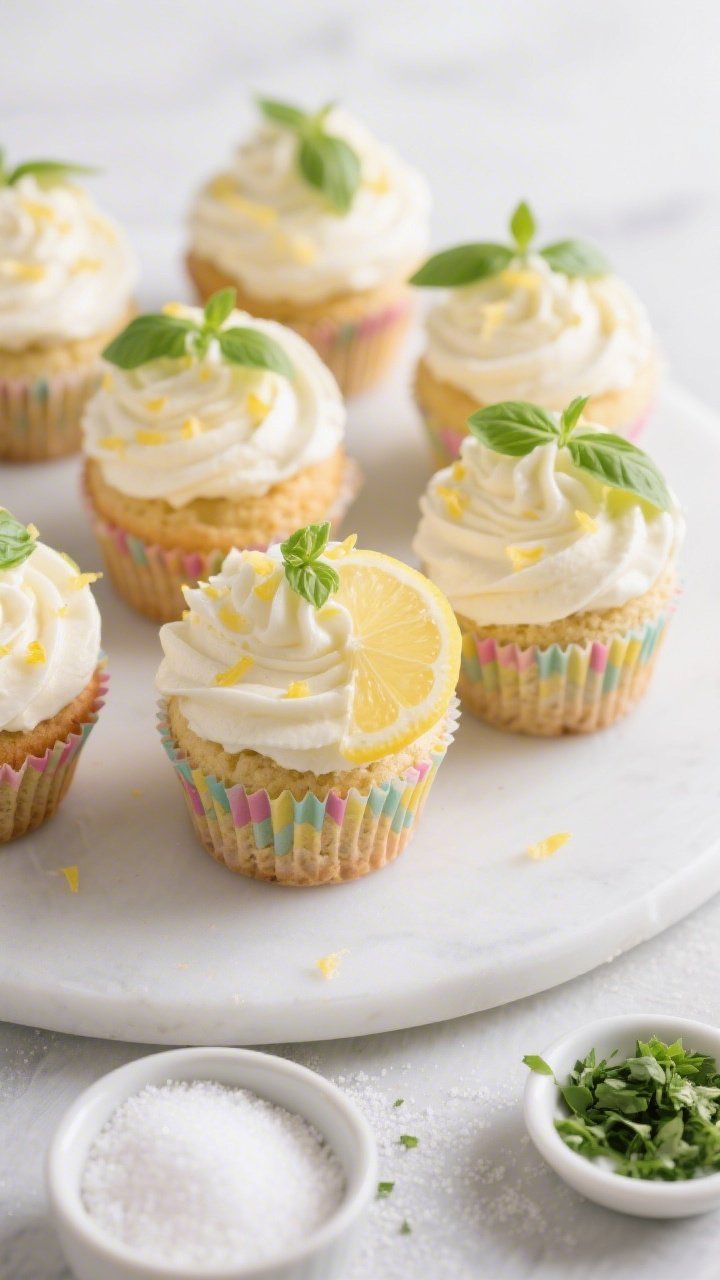 Close-up portrait of party-perfect lemon basil cupcakes arranged on a matte white platter: even domes crowned with generous swirls of whipped mascarpone frosting, micro-zested lemon confetti and tiny basil ribbons on top; delicate cake crumb visible where one cupcake liner is peeled back; props include a small bowl of cake flour, a heap of granulated sugar, and a pinch dish with very finely chopped basil; colorful cupcake papers for a festive mood, shallow depth of field, soft side light