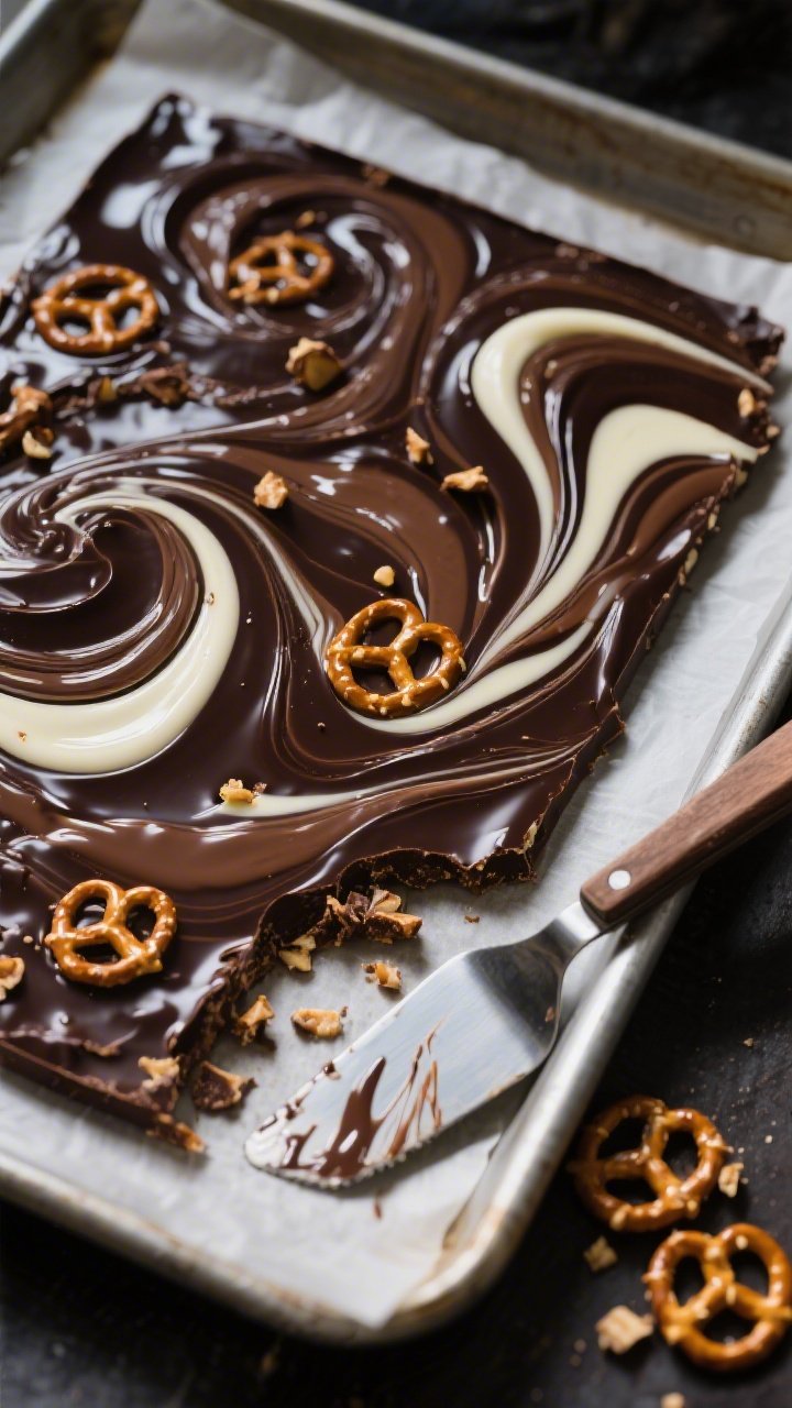 Close-up process shot of Triple-Chocolate Swirl Bark on a parchment-lined sheet pan: dark (60–70%), milk, and white chocolate poured in ribbons and swirled into dramatic marbling, with hidden pretzel bits peeking through the surface; a drizzle sheen from a touch of neutral oil for ultra-smooth melt; a small pile of broken pretzel pieces at the corner, offset spatula resting nearby with streaks of chocolate; moody side light to accentuate swirl patterns and snap-worthy texture.