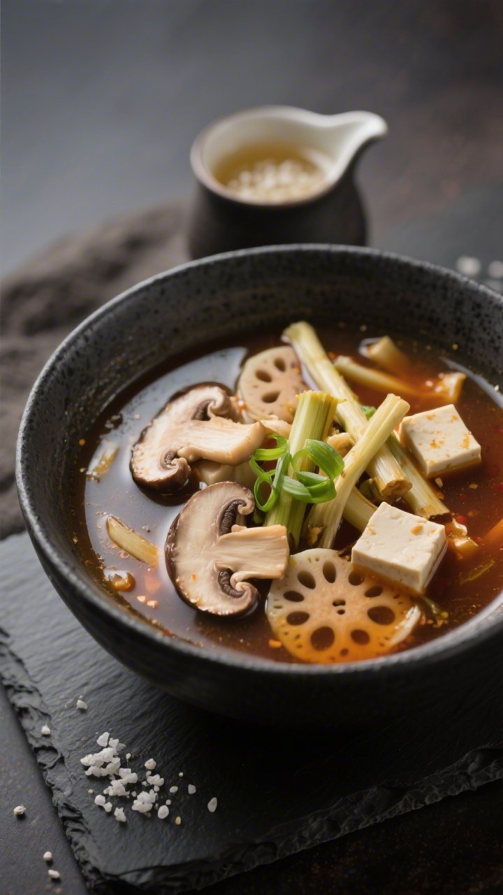 Close-up, silky vegan hot and sour soup with pronounced mushroom umami: mushroom-based vegetable broth with a deep amber tone, delicate slices of shiitake and torn strips of oyster/king oyster mushrooms for layered texture, slender bamboo shoot slices, and tender tofu cubes; hints of lotus root slices peeking through for visual interest, lacquered surface reflecting soft light, served in a matte charcoal bowl on a slate board with a tiny pourer of rice vinegar and a sprinkle of white pepper and scallions—elegant, plant-forward presentation.