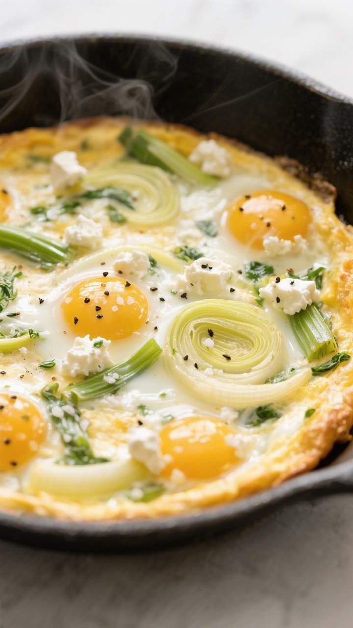 Close-up skillet scene of a spring veg frittata just set, shot straight-on at pan level: tender eggs enriched with whole milk, flecks of black pepper, and sea-salt crystals visible on the surface; ribbons of sautéed leek nestled throughout; dollops and swirls of herbed goat cheese slightly melted on top; edges lightly browned from olive oil. Simple background, neutral surface, steam subtly rising for warmth and freshness.