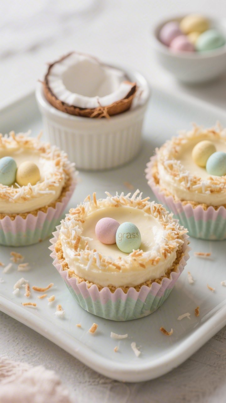 Close-up, straight-on shot of no-bake mini cheesecake nests set in pastel cupcake liners, ultra-smooth vanilla cheesecake filling crowned with a halo of toasted shredded coconut “grass”; tiny candy eggs in soft pastels nestled in each center; a few coconut strands scattered on a pale ceramic tray, with a ramekin of coconut and a small bowl of candy eggs in the background softly out of focus; creamy textures, spring pastel palette, soft diffused light.
