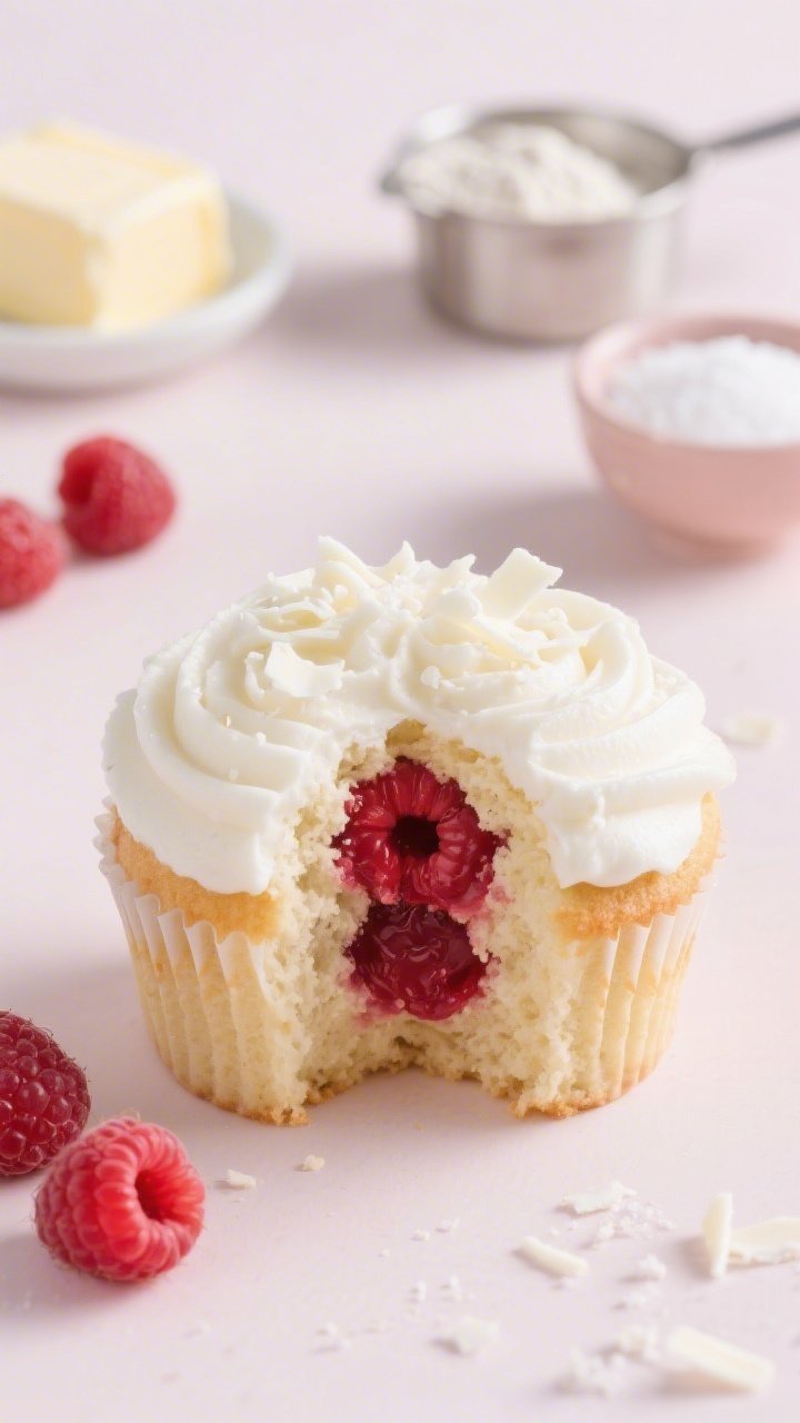 Close-up, straight-on shot of party-perfect vanilla cupcakes with raspberry cores: one cupcake cut in half to showcase the jewel-red raspberry center against a pale, fluffy crumb; topped with cloud-like white frosting piped high and sprinkled with micro white chocolate shavings; a few fresh raspberries and a small bowl of granulated sugar in the background, with ingredients nods like a pat of room-temp butter and a measuring cup of flour; clean, celebratory styling on a soft pastel backdrop, sharp detail on frosting texture.