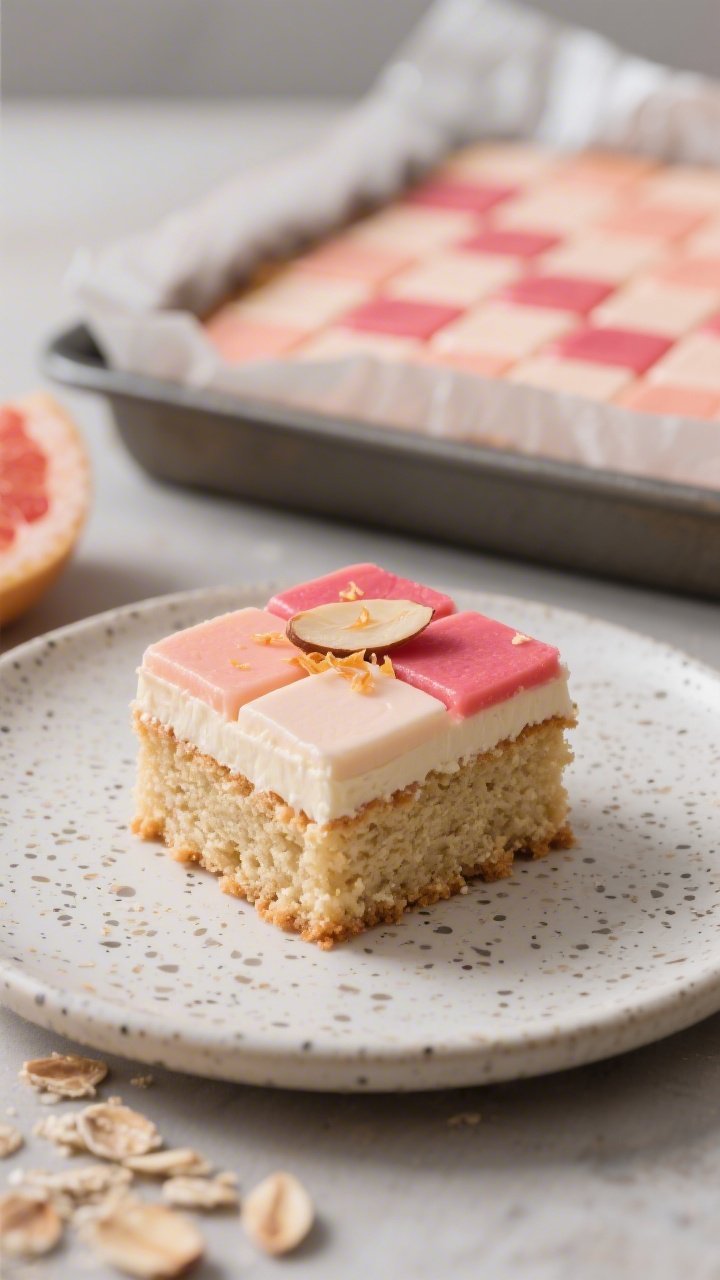 Close-up three-quarter shot of an almond-grapefruit snack cake square on a small speckled plate, tender crumb from almond flour visible, topped with meticulously arranged ombre buttercream tiles shifting from pale blush to deeper ruby pink; grapefruit zest sprinkle and a thin almond slice garnish; in the background, the remaining snack cake in a parchment-lined pan; soft side lighting, creamy bokeh, contemporary graphic styling emphasizing the tile pattern.