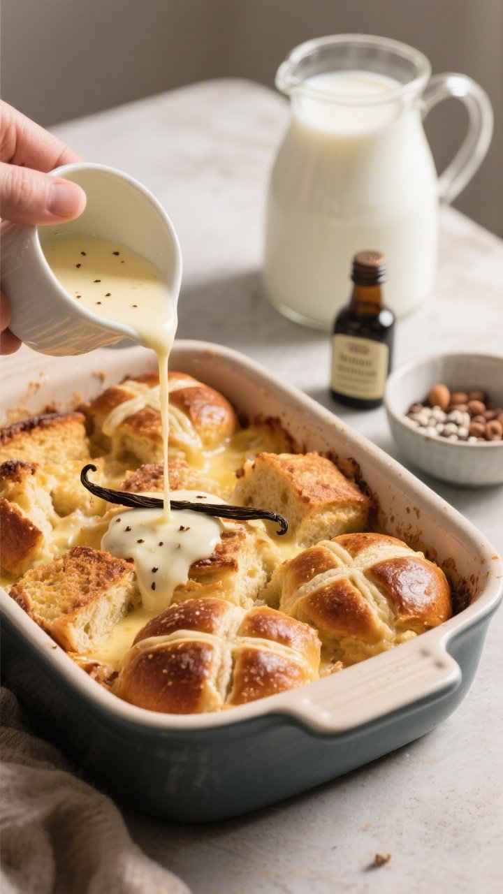 Cozy 45-degree angle of hot cross bun bread pudding in a deep ceramic baking dish, the golden, custard-soaked bun pieces puffed and caramelized at the edges, faint cross patterns still visible; a warm vanilla custard drizzle being pooled over the top (action frozen mid-pour), with visible vanilla bean specks; ingredients subtly included: a jug of whole milk, a bottle labeled vanilla extract, and a small bowl of mixed sugars at the side; inviting, comfort-food mood with gentle morning light.