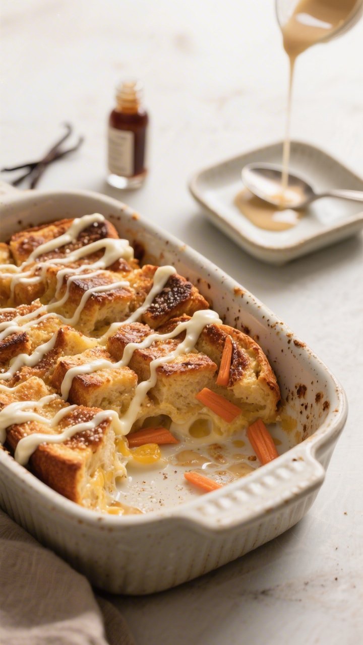 Cozy 45-degree plated casserole shot of a carrot cake overnight French toast bake in a ceramic dish: towering brioche cubes baked custardy with whole milk, half-and-half, eggs, and brown sugar, edges caramelized; visible flecks of warm spices; generous cream cheese drizzle zig-zagged on top, pooling slightly in the crevices. A side plate with a square serving, vanilla extract bottle nearby, and a spoon dripping with glaze; soft morning light, inviting and decadent.