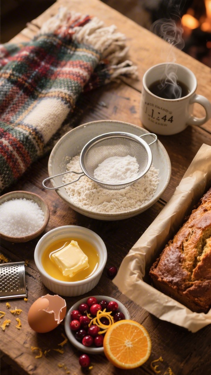 Cozy ingredients flat lay for the Citrus Cranberry Loaf For Fireside Mornings: overhead composition on a warm wood table—1 3/4 cups all-purpose flour sifted into a bowl, small bowls with baking powder, baking soda, and fine sea salt, a glossy pool of melted and slightly cooled unsalted butter, 3/4 cup granulated sugar, fresh cranberries, zested orange with microplane and curls of zest, two cracked eggs in a ramekin, and a loaf pan lined with parchment nearby; a plaid wool scarf and a steaming mug evoke fireside warmth; soft, directional morning light highlighting textures of sugar and flour.