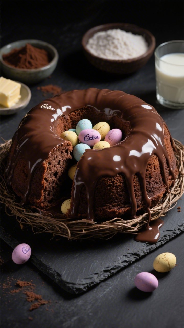 Dramatic close-up of a Cadbury Mini Egg Chocolate Bundt coated in glossy chocolate ganache, thick rivulets catching the light; a nest-like cluster of Cadbury mini eggs in pastel colors piled in the center cavity and a few scattered around the base; rich, dark chocolate cake texture visible at the cut edge; supporting elements include bowls with Dutch-process cocoa, all-purpose flour, granulated sugar, softened butter, and a glass of buttermilk; moody, contrasty lighting on a dark slate surface for decadent appeal.