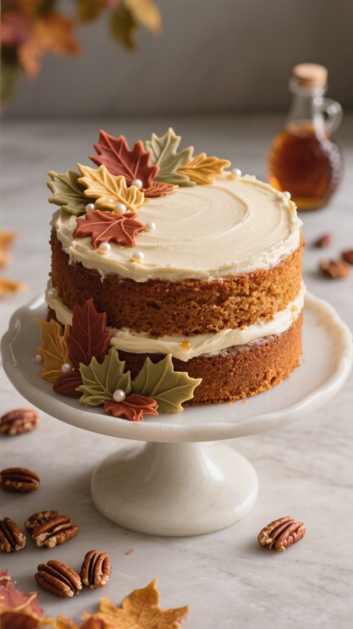 Elegant plated presentation of an Autumn-Decor Maple Pecan Butter Cake: two 8-inch layers (choose either the classic maple cake or the browned-butter version) stacked and smoothly frosted with either maple buttercream or brown-butter maple frosting; delicate fondant or piped buttercream leaves in russet, gold, and sage, tiny pearl accents, and a faint brush of maple sheen; styled on a pedestal cake stand with scattered pecans and a small maple syrup bottle in the background; 45-degree hero shot with soft, diffused light emphasizing refined seasonal decor and silky frosting texture.