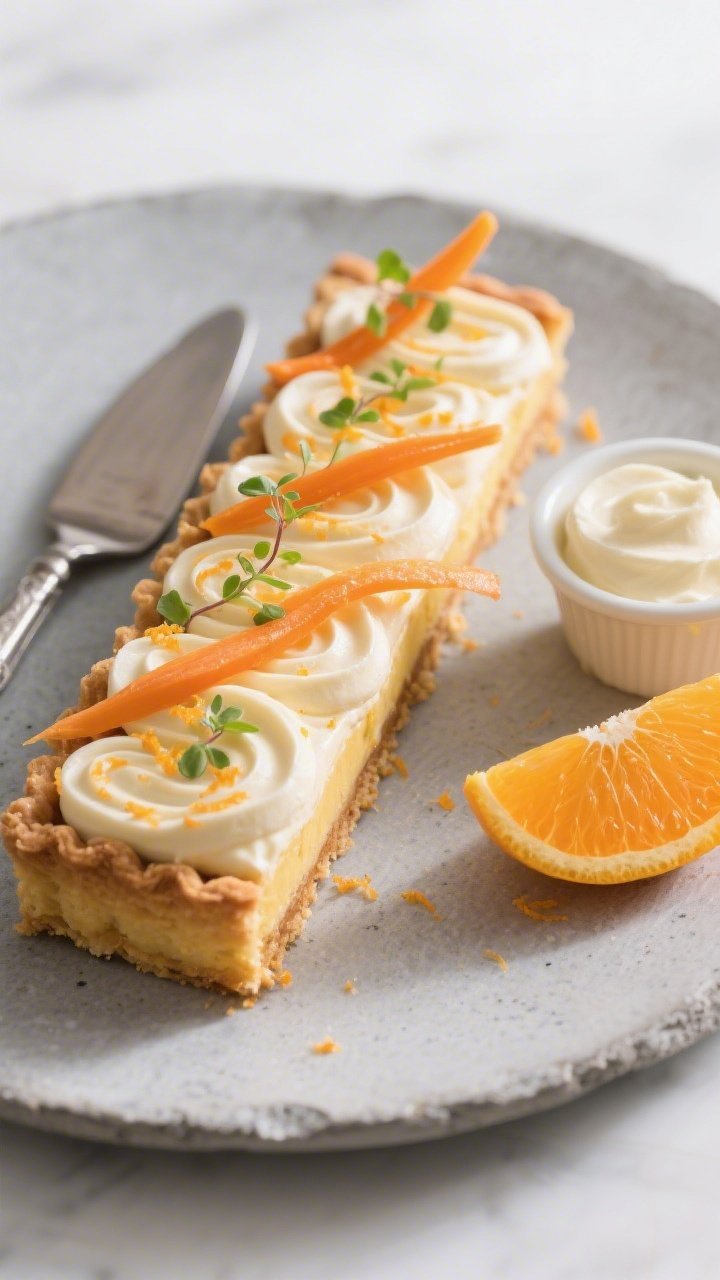 Elegant plated tart shot at a 45-degree angle: a rectangular carrot cake garden tart with a crisp, golden crust, filled with luscious orange mascarpone cream swirled into gentle waves; thin ribbons of candied carrot and micro-herbs arranged like a soft spring garden on top, accented with fine orange zest; clean slices show distinct layers; styled on a matte stone plate with a silver cake server, small ramekin of mascarpone cream and an orange half nearby; bright, airy lighting for a fresh, modern patisserie feel, no people, pure food focus